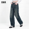Women Jeans Washed Curved Barrel Loose Draping Wide Leg Autumn Retro Street Style Denim Bottoms Daily Wear