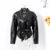 Women Leather Bomber Jackets Coats With Belt Notched Shoulder Pads Motorcycle Street Chic Short Outwear Solid Lace Up