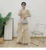 Ruffle Edge Maxi Pleated Dress For Women Round Neck Long Sleeves Solid Color Stitching Belt Dresses 2DA9911
