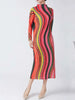 High Collar Long Sleeve Women Dresses Contrast Color Striped Pleated Slim Mid-Calf Elegant Clothing 2DC1022