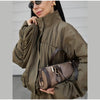 Shiny Stand Collar Short Jacket Women Puff Sleeve Drawstring Waist Cinching Pleated Jackets Autumn Causal Lady Outerwear