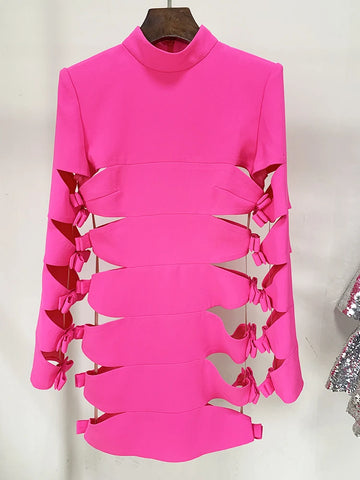 High Street Designer Stylish Dress Women's Long Sleeve Sexy Hollow Out Bow Dress Hot Pink