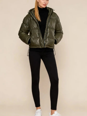 Women's Olive Green Shiny Cropped Puffer Jacket with Hood Warm Ruff Zipper Slim Down Coat Lady Winter Chic Casual Outerwear
