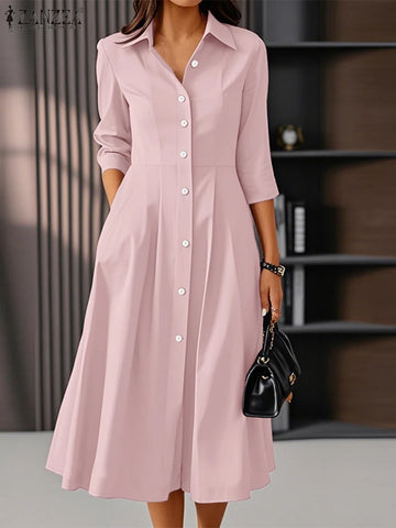 Elegant Midi Dresses Woman 3/4 Sleeve Button Up Collared Shirtdress Autumn Commuting OL A-line Robes Femme