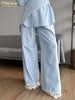Loose Blue Stripe Women's 3 Pieces Set Elegant Long Sleeve Shirt + Corset With High Waist Wide Pants Set