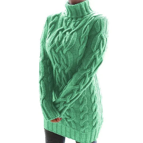 Women Long Sweater Dress High Collar Knitted Sweater Solid Color Thicken Pullovers Mini Vestidos Winter Autumn