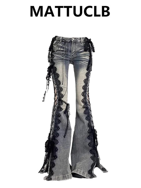 Women Dark Academia Goblin Core Harajuku Y2K Low Rise Lace Jeans Abi Denim Flare Pants Bell-Bottom Y2k Japanese Goth Gyaru Kpop