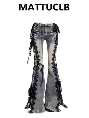 Women Dark Academia Goblin Core Harajuku Y2K Low Rise Lace Jeans Abi Denim Flare Pants Bell-Bottom Y2k Japanese Goth Gyaru Kpop