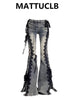 Women Dark Academia Goblin Core Harajuku Y2K Low Rise Lace Jeans Abi Denim Flare Pants Bell-Bottom Y2k Japanese Goth Gyaru Kpop