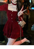 Women's Slim Fit A-line Velvet Dress Christmas Clothes Square Collar Long-sleeved Red Sweet Girl Autumn Winter