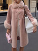 Elegant Faux Fur Collar Coat Women Winter Slim Patchwork Pocket Warm Trench Street Casual Long Faux Fox Fur Outerwear