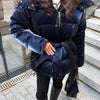 Chic Reflective Fabric Lace Up Hooded Cotton Jacket Women Stand Collar Full Sleeve Zipper Warm Overcoat Winter Lady Outwear