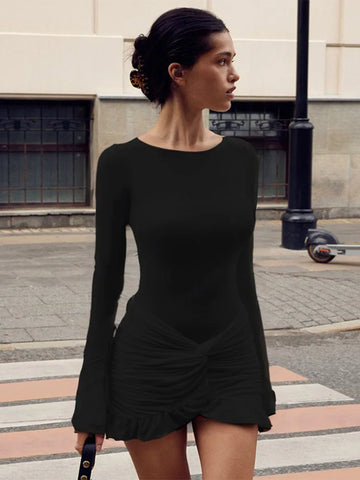 Flounced Edge Solid Elegant Bodycon Sheath Women Dresses O Neck Long Sleeve Outfits Sexy Club Female Vestidos