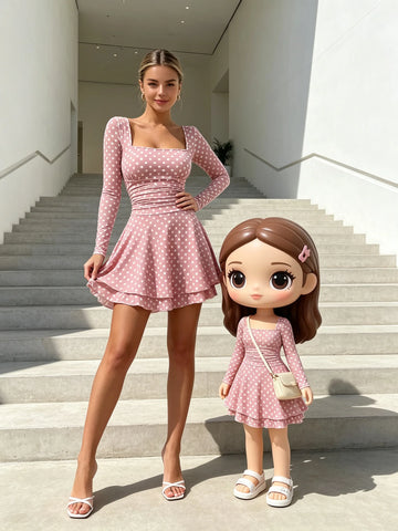 Autumn Polka Dot Print Square Neck Long Sleeve Women's Dress Waist Cinched A-Line Mini Skirt Length Sexy