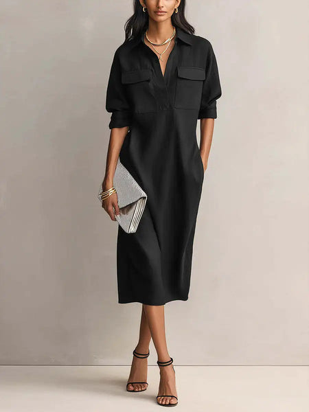 Minimalist Solid Color Shirt Dress For Women Elegant Half Sleeves Button Turndown Collar Pockets Dress Casual Daily Midi Dresses