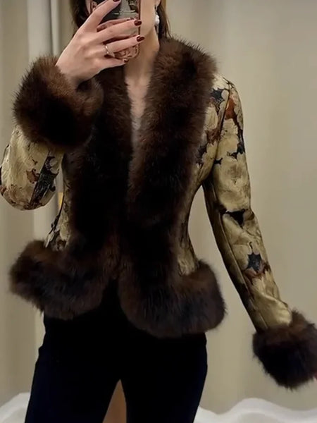 Floral Jacquard Faux Fur Trim Jacket Women V Neck Single Button Long Furry Cuff Cropped Coats Winter Vintage Party Coat