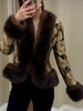 Floral Jacquard Faux Fur Trim Jacket Women V Neck Single Button Long Furry Cuff Cropped Coats Winter Vintage Party Coat