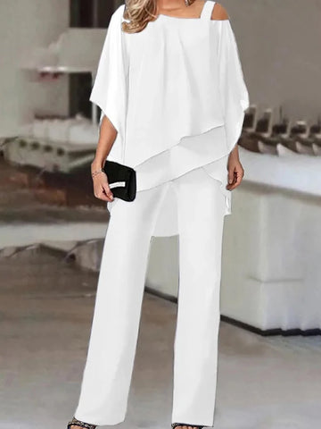 Women Casual Bat Sleeve Chiffon 2Pc Outfits Commuting Wide Legger Suits Sexy Slanted Shoulder Irregular Tops & Pant Set