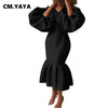Women Evening Dress Solid Full Puff Sleeve V-neck Long Maxi Trumpet Dresses Vintage Party Vestidos Fall Outfit