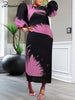 O-Neck Long Lantern Sleeve Loose Mid Dress Women Print Patchwork Pleated Gown Evening Holidays Festivals Birthday Robe