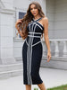 Classic White And Black Stripes Bandage Long Evening Dress Contrast Vintage Woman Bodycon Elastic Dress Slim Midi