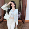 Korean Plaid Tweed Jacket Women White Round Neck Cropped Tassel Coat Autumn Single Breasted Office Lady Outwear