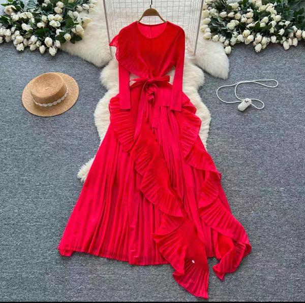 Women's French-Style Dress for Autumn - Ruffled, Pleated, Ruched, Asymmetrical with Tie Waist, Elegant Design