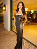 Black Lace Sheer Long Dress For Women Autumn Sexy Hollow Side Slit Maxi Dresses Party Club Bodycon Elegant Dress