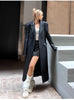 Spring Autumn Extra Long Black Loose Pu Leather Trench Coat for Women Shoulder Pads Double Breasted Faux Leather Blazer