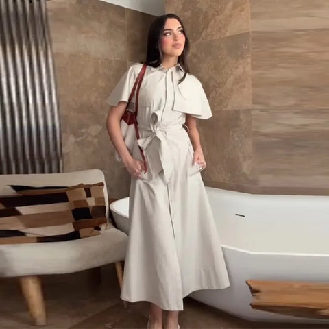 Women Trench Style Shirt Dress Solid Color Cape Sleeve Waist Belt Button Down Midi Skirt Casual Chic Daily Office Outfit