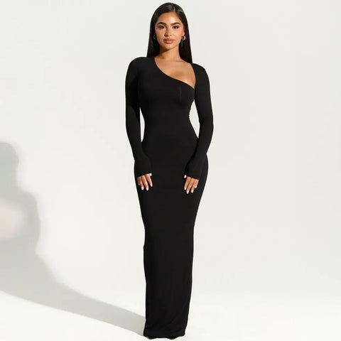 Autumn Women Long-sleeved Diagonal Collar Slim-fitting Party Maxi Dresses Split Dresss