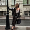 Street Zipper Leather Jackets Skirts Sets Women Loose Stand Collar Full Sleeve Coat Straight Skirt Autumn Winter Lady Suit