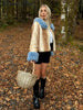 Women Deer Print Faux Fur Cropped Coats Blue Contrast Lapel Cuff Button Up Fluffy Warm Coat Winter Casual Chic Wear