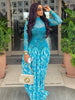 A Line Maxi Dress for Women Autumn Light Blue Long Sleeve Dress Slim Waist Mid-turtleneck Chic Elegant Evening Dresses Ladies