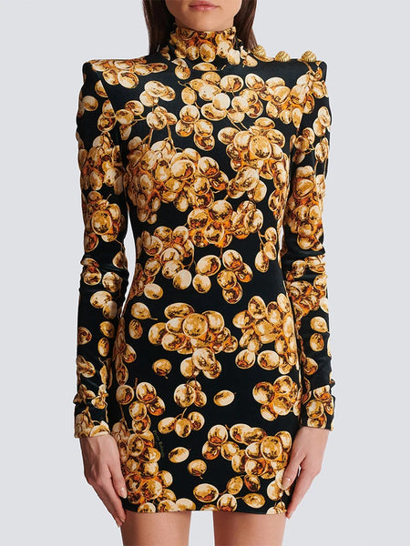 High Street Fall Winter Designer Vestido Women's Long Sleeve Grape Printed Velvet Dress