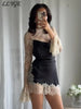 Elegant Lace Patchwork Short Dress Women See Through High Collar Flare Sleeve Party Dresses Autumn Lady Evening Robes