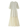 Women Elegant Half Sleeves O-Collar Pleated Dress Spring Woman Rear Zipper Splicing Vintage Casual Knitted Long Dress