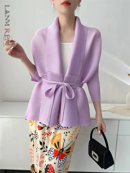 Black Tie Cardigan Design Women's Pleated Jacket Stemperament Casual Niche Three Quarter Top 2DB3365
