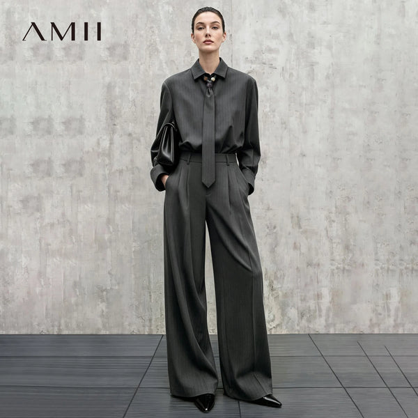 Minimalist Women Stripe Shirt Autumn Lapel Concealed Placket Loose Wide Leg Pants Casual Trousers Separate 12623109