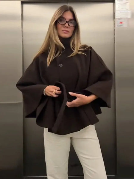Women's Brown Belt Cropped Poncho Jacket For Women Demi-season Button Cape Cloak Coat Jackets Winter Autumn Spring Black White