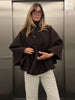 Women's Brown Belt Cropped Poncho Jacket For Women Demi-season Button Cape Cloak Coat Jackets Winter Autumn Spring Black White