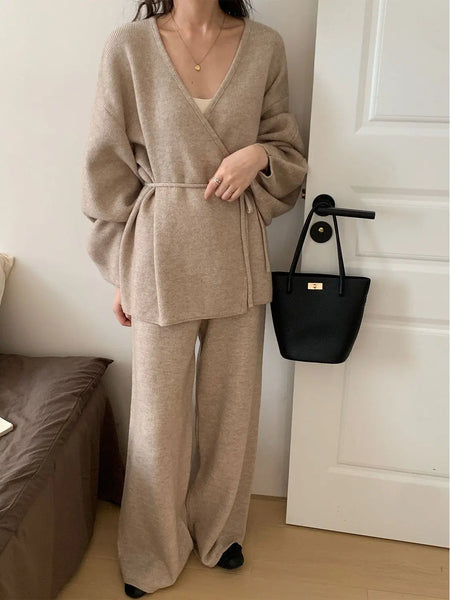 Sweater Set Women's Loose Outer Wear Lazy Style Winter Lace-up Knitted Jacket Cardigan Wide-leg Pants Two-piece Set