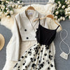 French Style Elegant Two Piece Sets Women Double Breasted Blazer Jacket + Mesh A-line Long Dress Korean Outfits