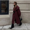 Burgundy Long Trench Coat Women Lapel Double Breasted Belted Waist Cape Collar Overcoat Loose Windbreaker Lady Winter Outerwear