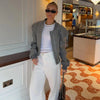 Double Zip Rib Collar Women Cropped Jacket Long Sleeve Side Pockets Loose Oversized Solid Autumn Coats Daily Chic Jackets