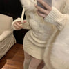 Autumn Winter Elegant Women Sweater Christmas Red Slim Fur Patchwork Hooded Knitted Dress Female Korean Knitwear Hoodie Tops