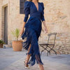 French Elegant Deep V Neck Slim Prom Dresses Spring Solid Spliced Tassel Long Dress Woman Long Sleeve Autumn Maxi Dress
