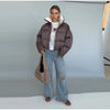 Solid Hooded Cropped Puffer Jacket Women Stand Collar Snap Button Loose Long Sleeve Jackets Winter Casual Warm Padded Coat