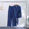 Casual Solid Shirt Trouser Suits Women Full Sleeve Lace Up Lapel Top Wide Leg Pants Lady Set Autumn Female Suit