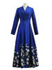Elegant Brocade Jacquard Women Long Maxi Dress Blue Floral Ladis Party Fall Autumn Winter Clothing